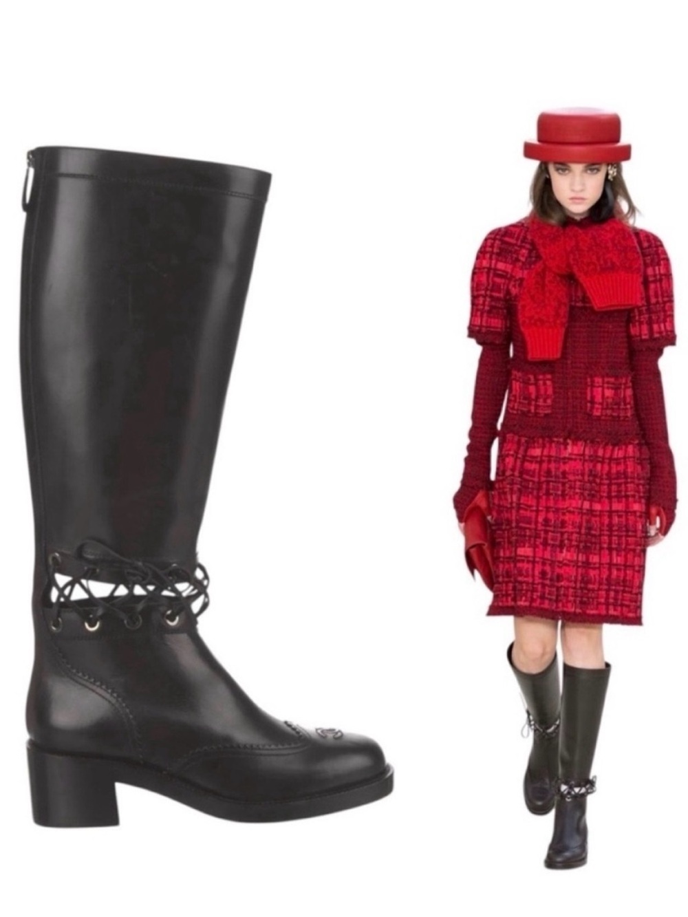CHANEL Lagerfeld Fall 2016 Black Leather Knee High Laced Equestrian Riding Boot - Picture 14 of 14